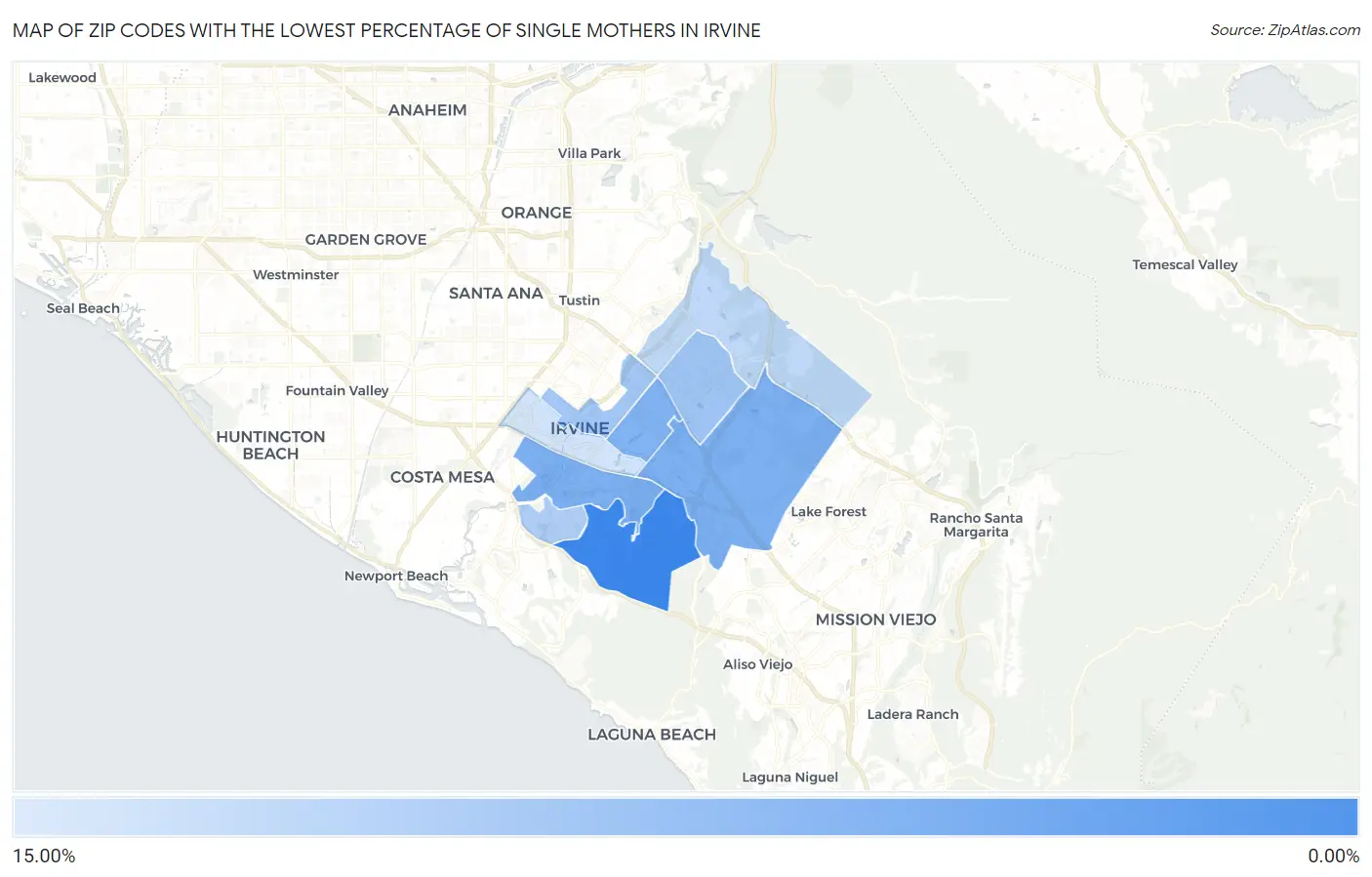 Zip Codes with the Lowest Percentage of Single Mothers in Irvine Map