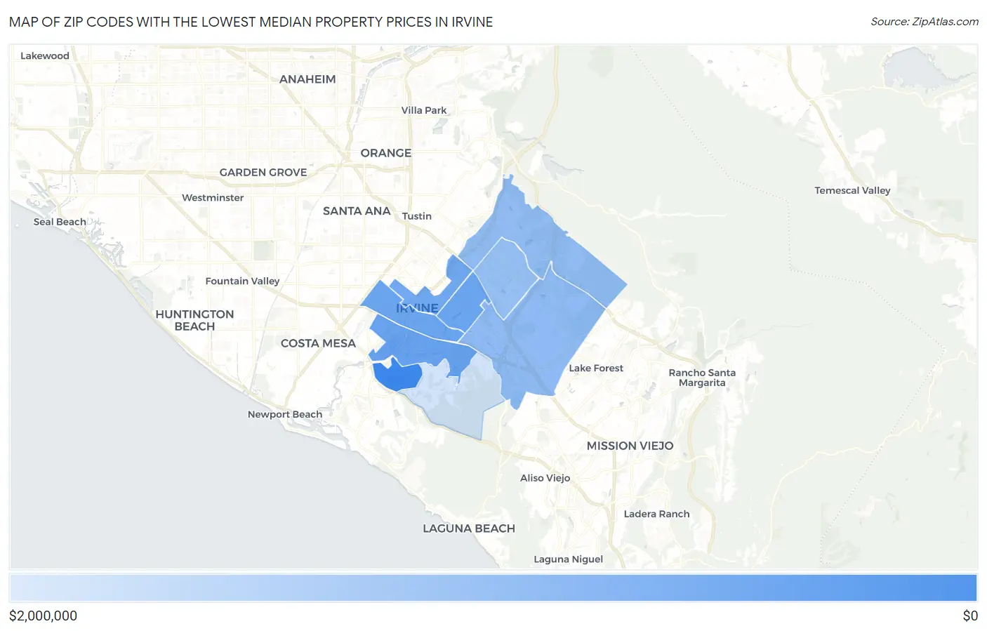 Zip Codes with the Lowest Median Property Prices in Irvine Map