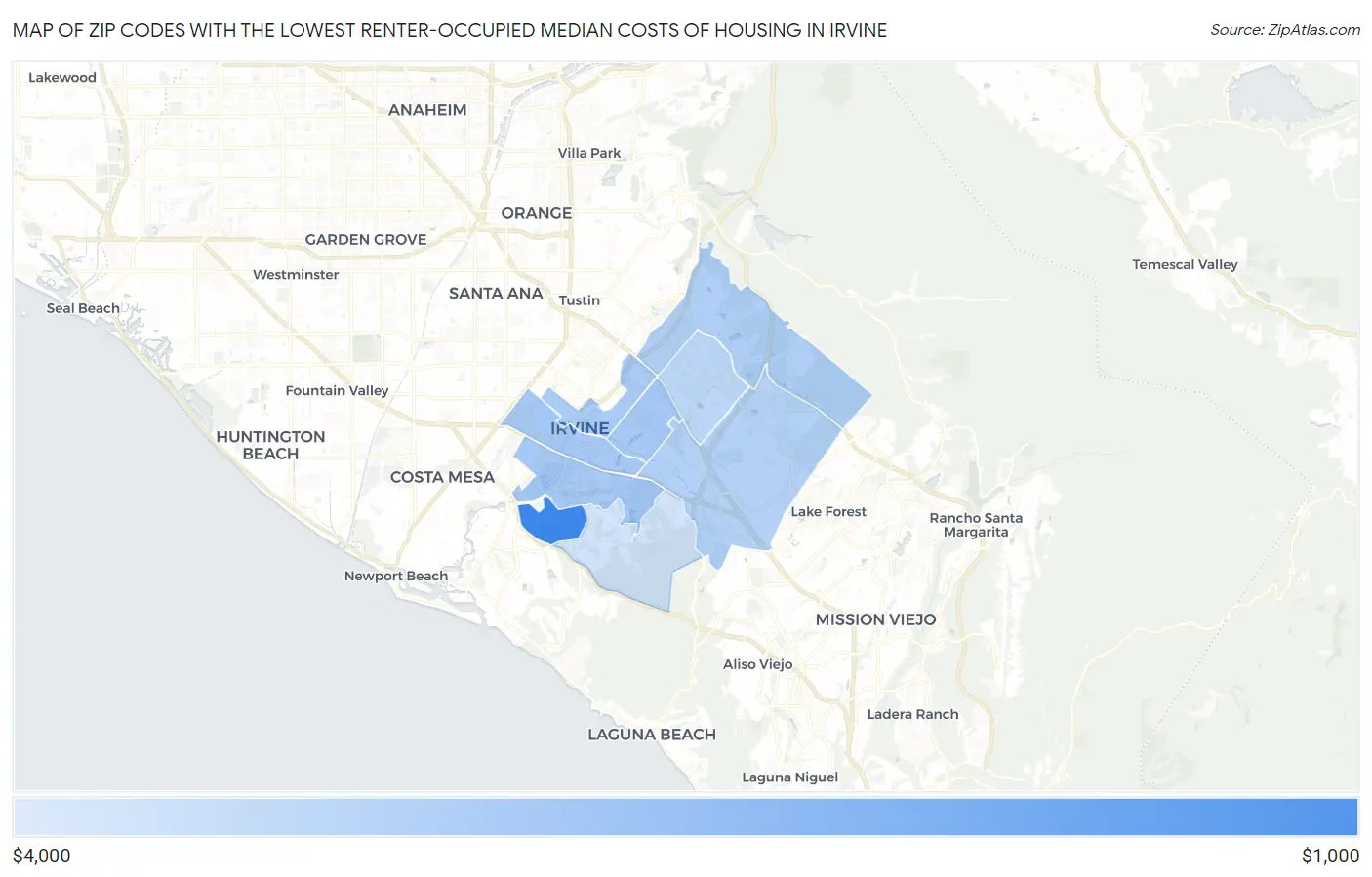 Zip Codes with the Lowest Renter-Occupied Median Costs of Housing in Irvine Map