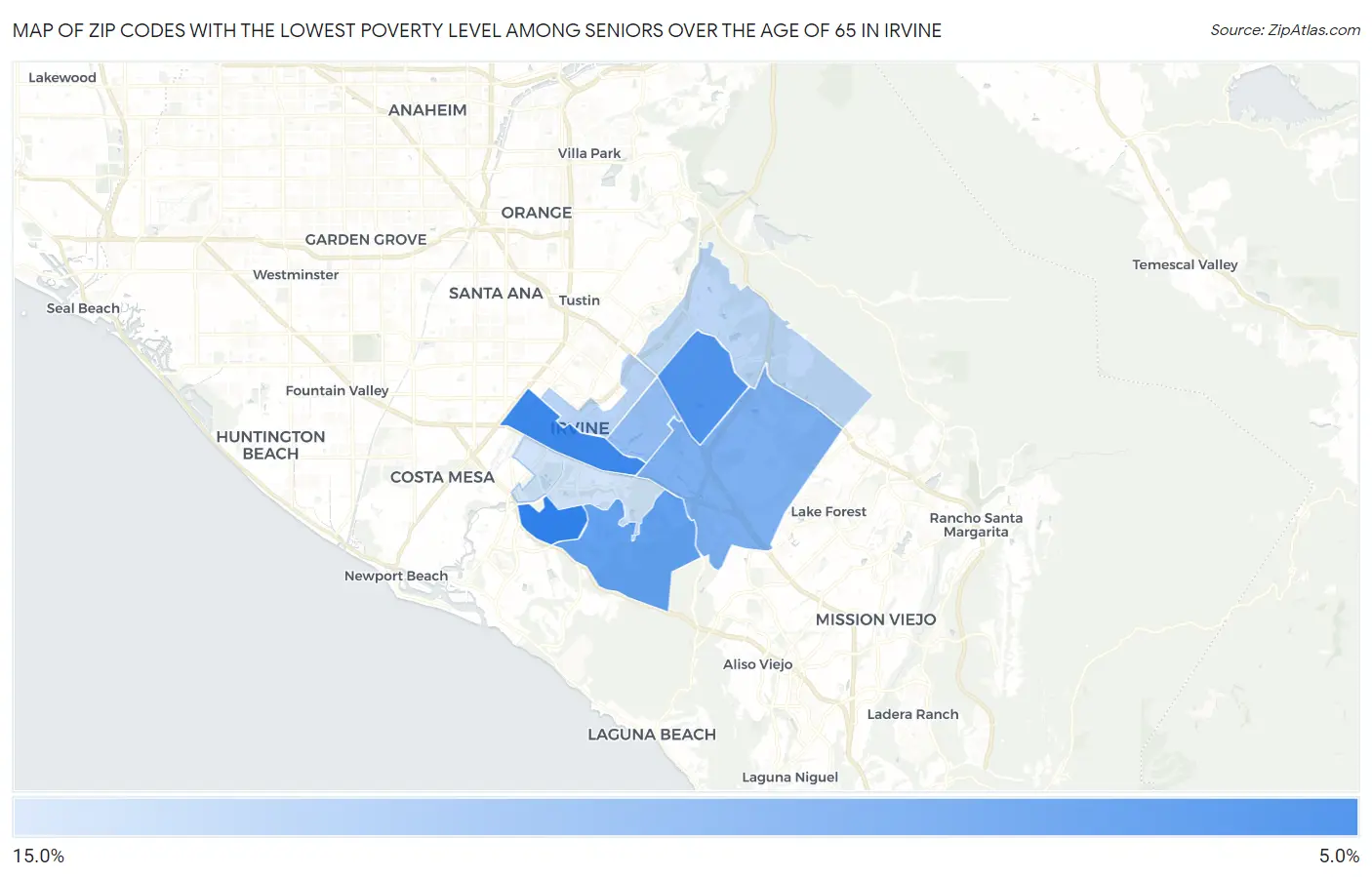 Zip Codes with the Lowest Poverty Level Among Seniors Over the Age of 65 in Irvine Map