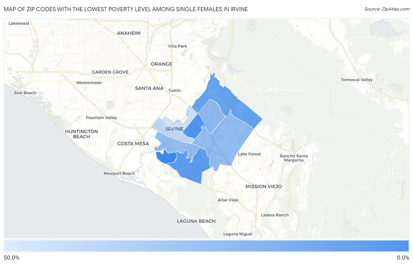 Zip Codes with the Lowest Poverty Level Among Single Females in Irvine Map