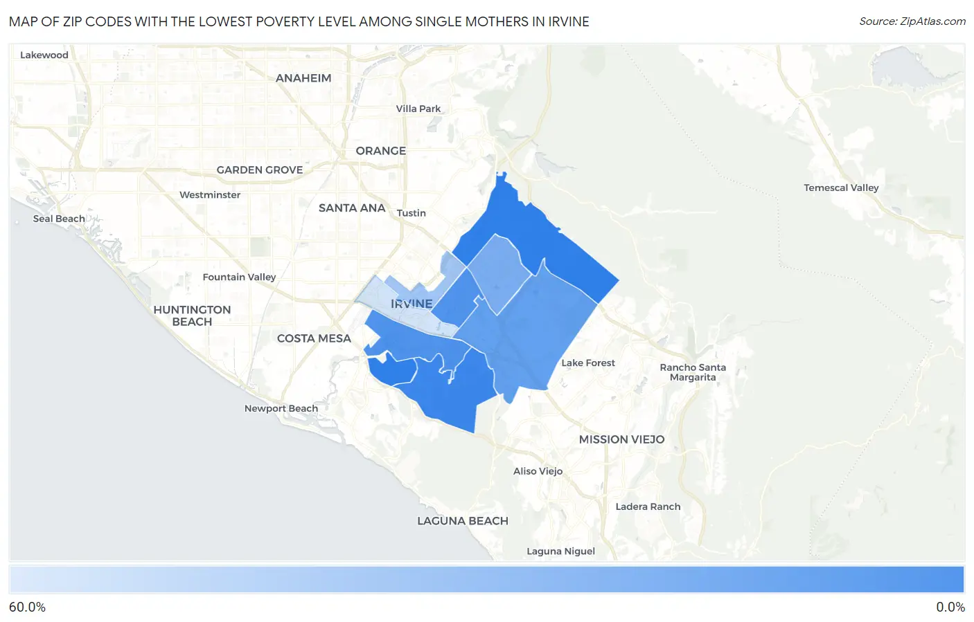 Zip Codes with the Lowest Poverty Level Among Single Mothers in Irvine Map