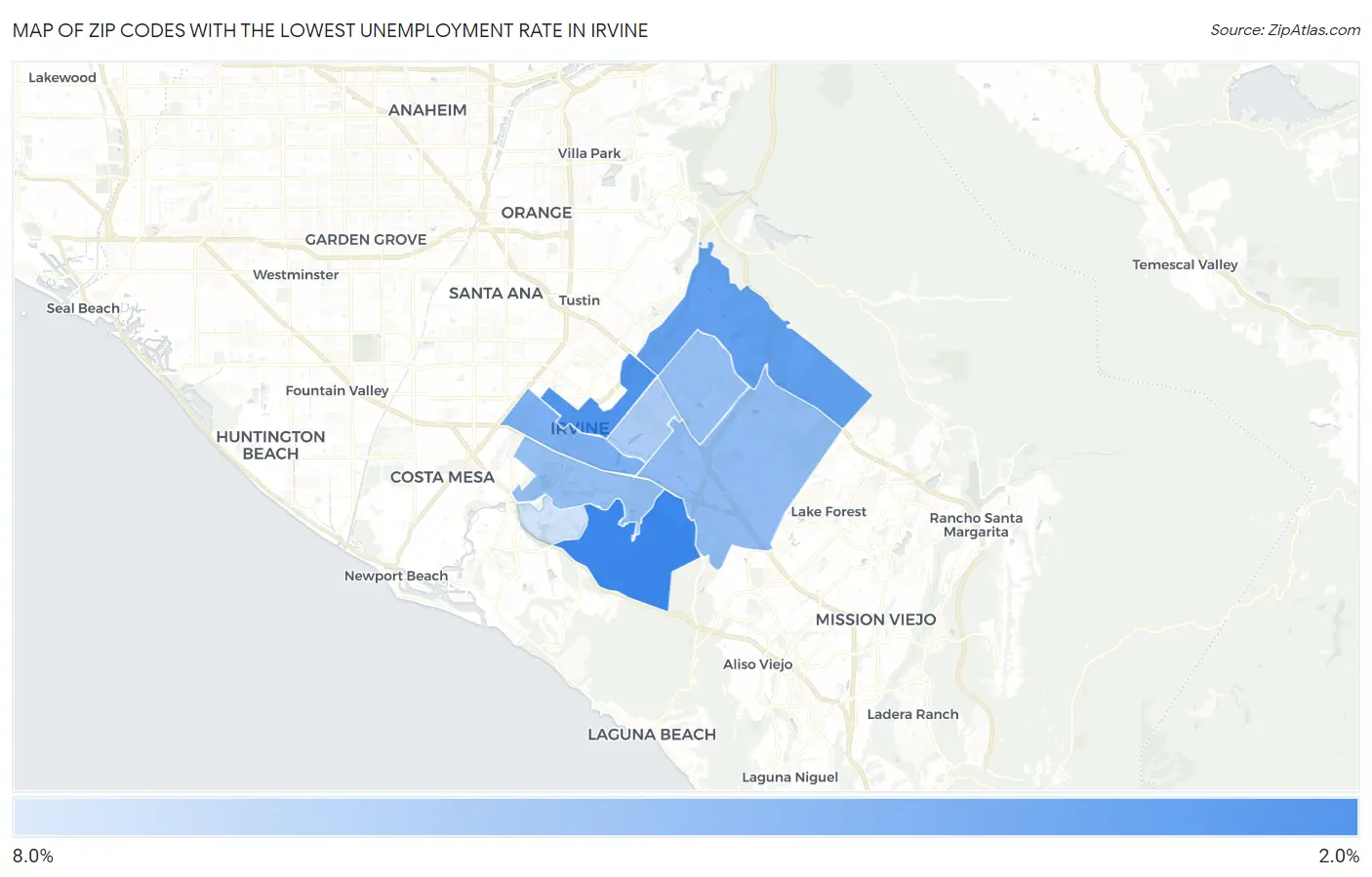Zip Codes with the Lowest Unemployment Rate in Irvine Map
