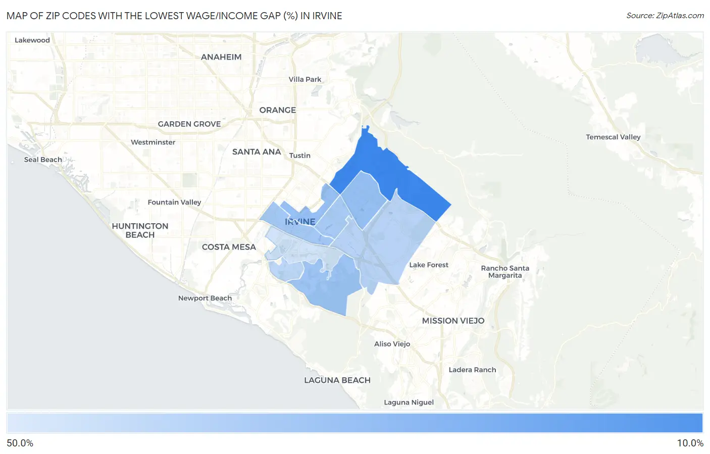 Zip Codes with the Lowest Wage/Income Gap (%) in Irvine Map