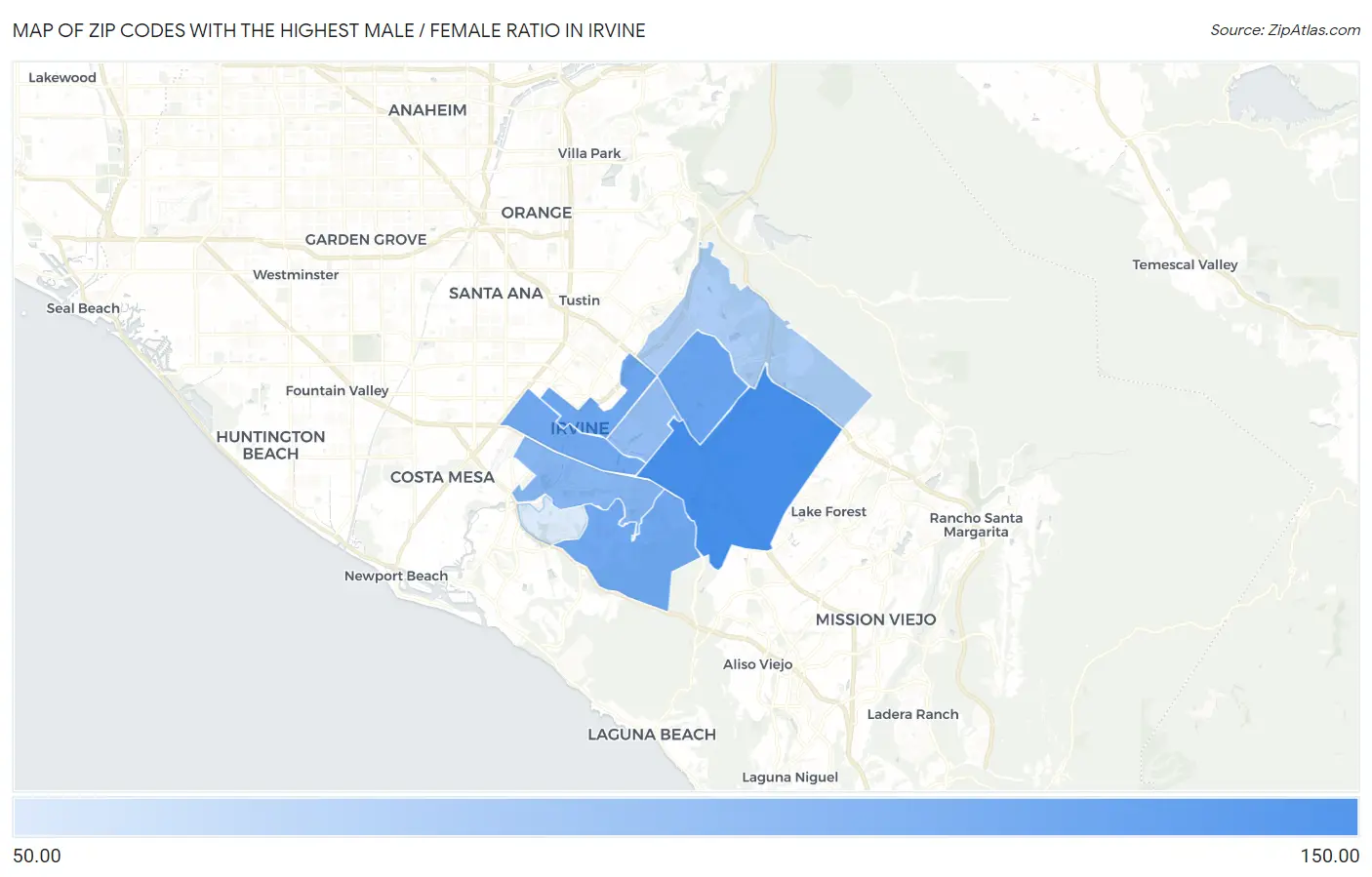 Zip Codes with the Highest Male / Female Ratio in Irvine Map
