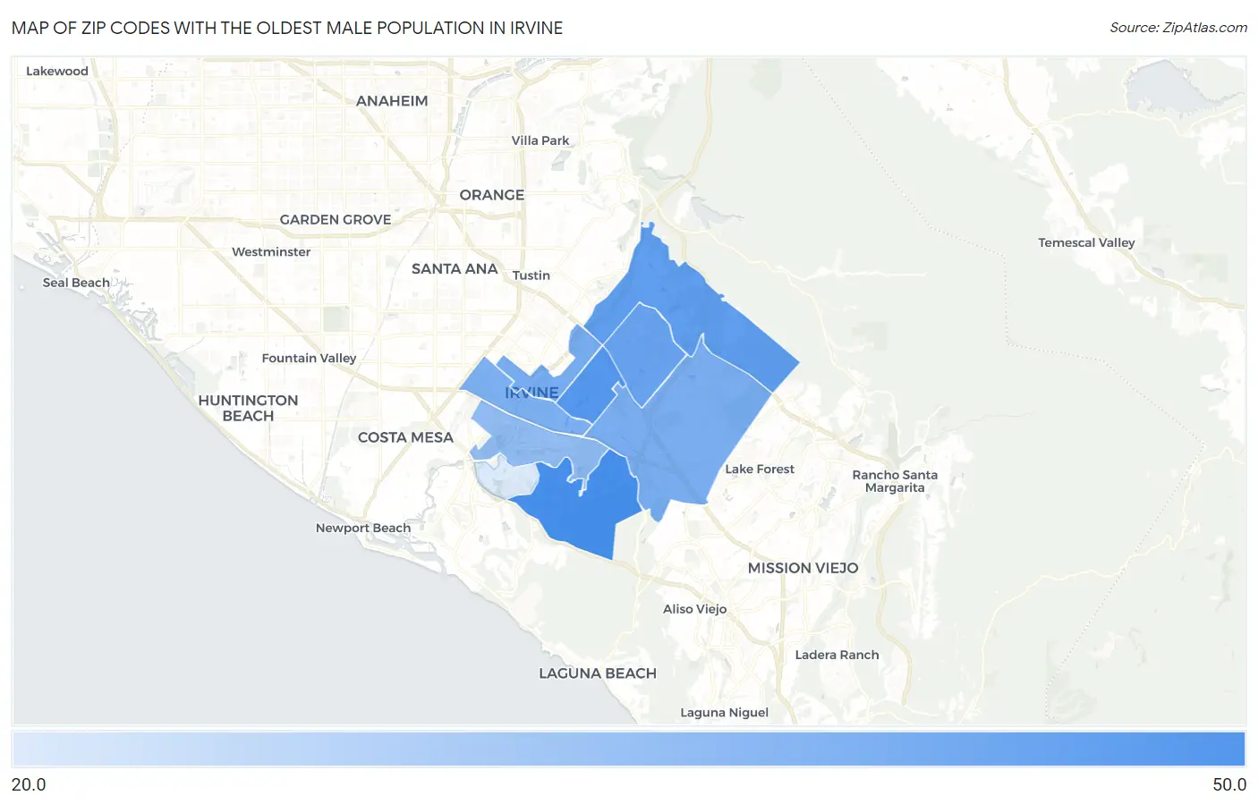 Zip Codes with the Oldest Male Population in Irvine Map