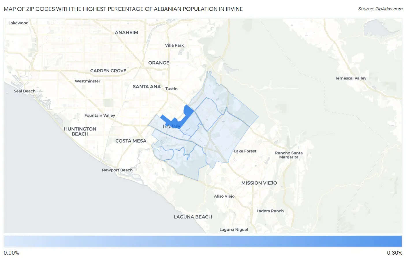 Zip Codes with the Highest Percentage of Albanian Population in Irvine Map