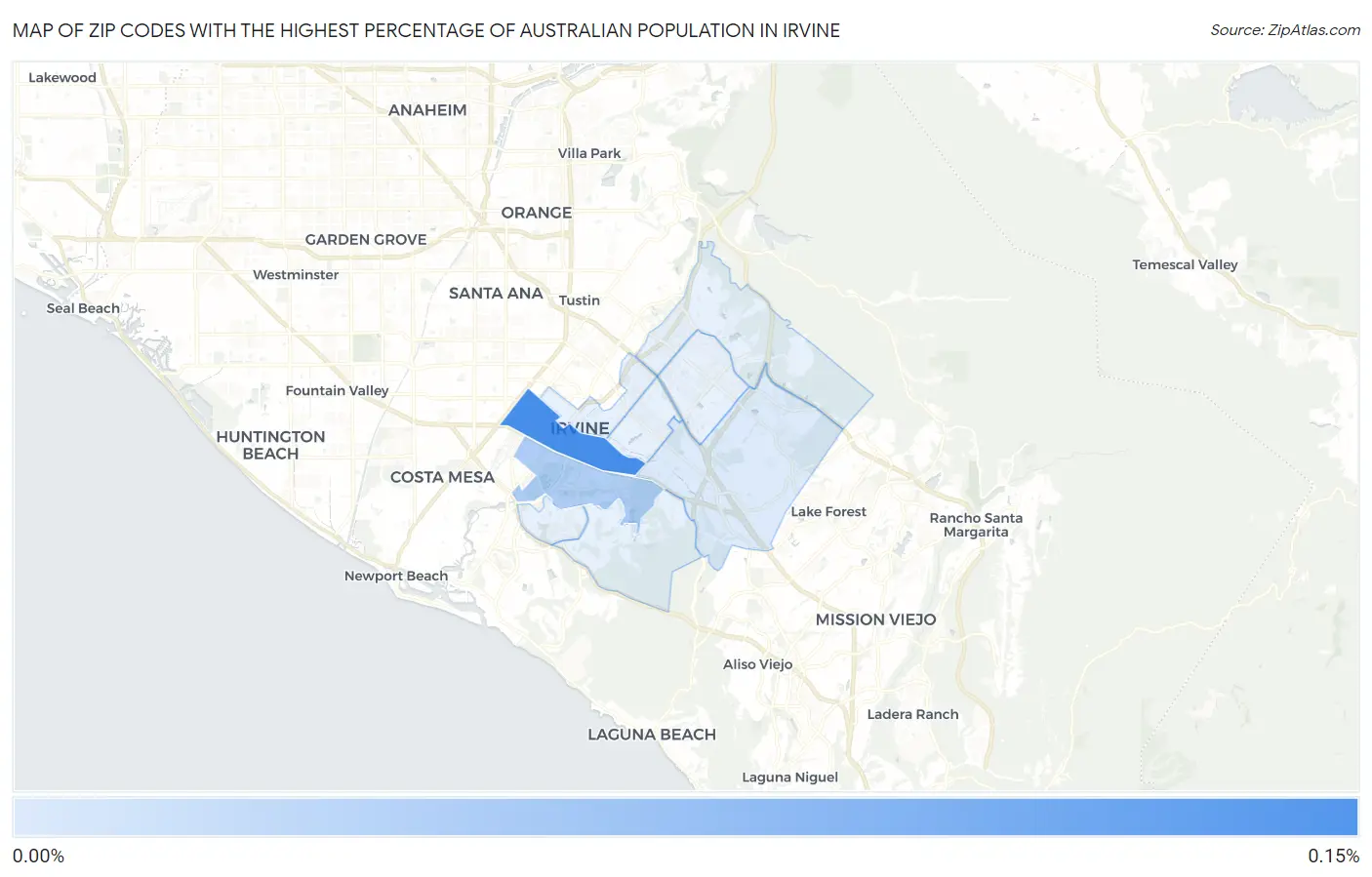Zip Codes with the Highest Percentage of Australian Population in Irvine Map
