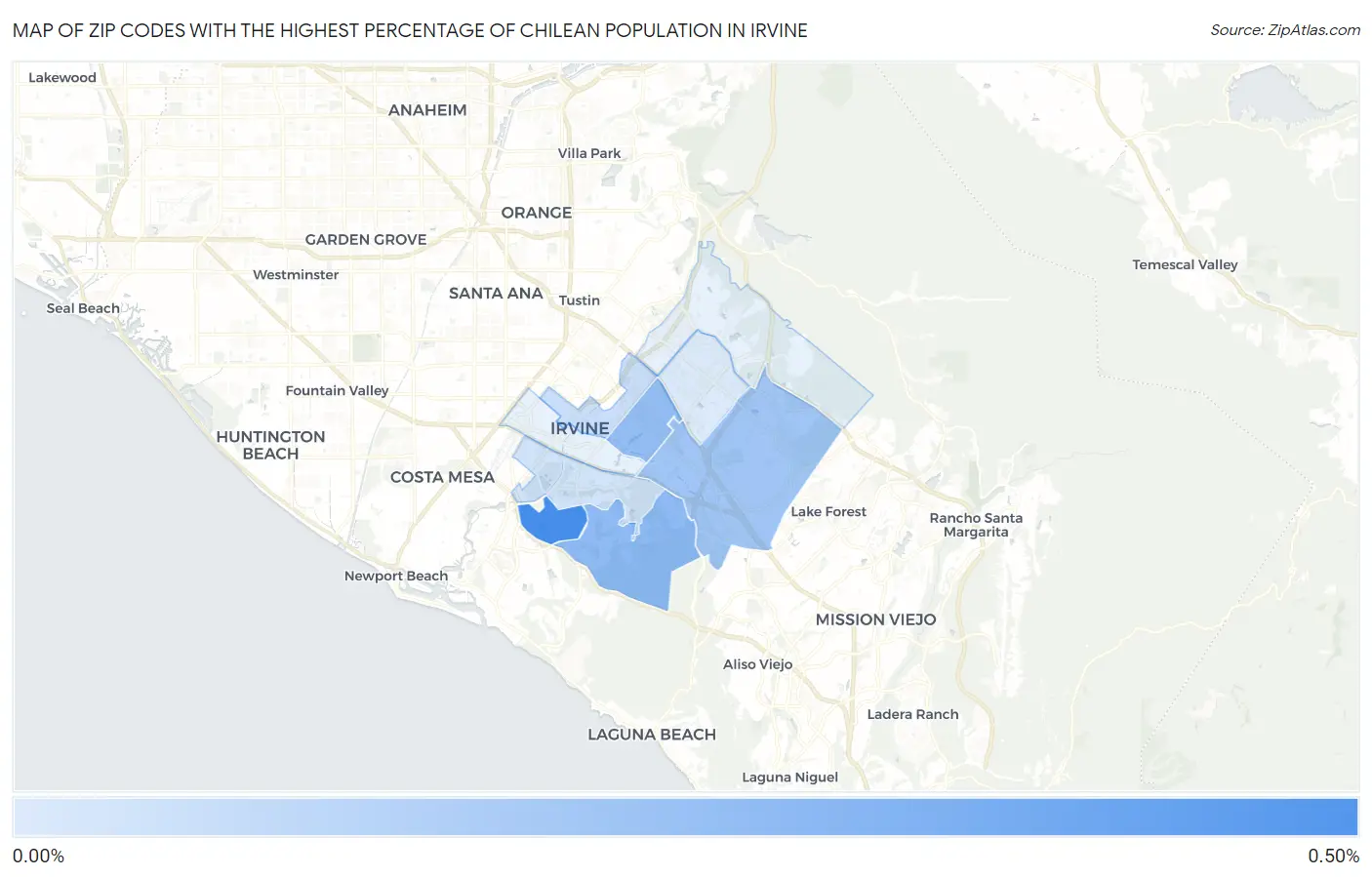 Zip Codes with the Highest Percentage of Chilean Population in Irvine Map