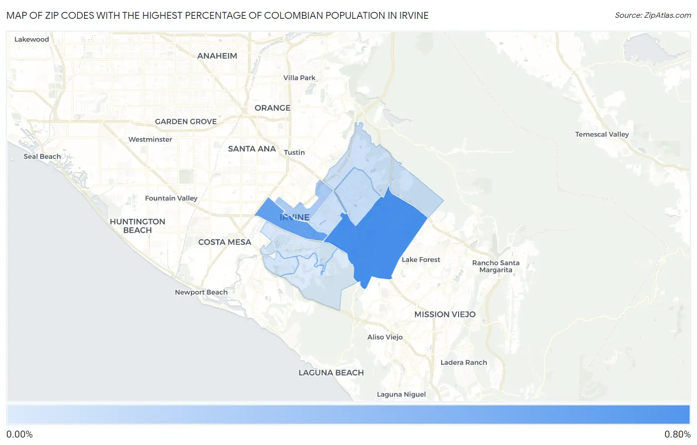 Zip Codes with the Highest Percentage of Colombian Population in Irvine Map