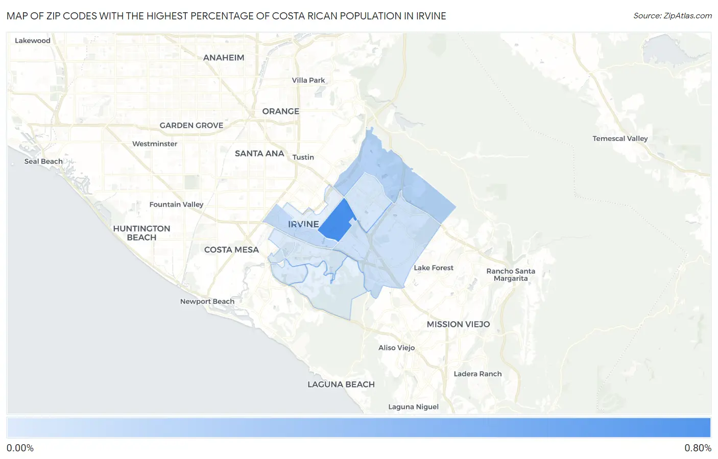 Zip Codes with the Highest Percentage of Costa Rican Population in Irvine Map