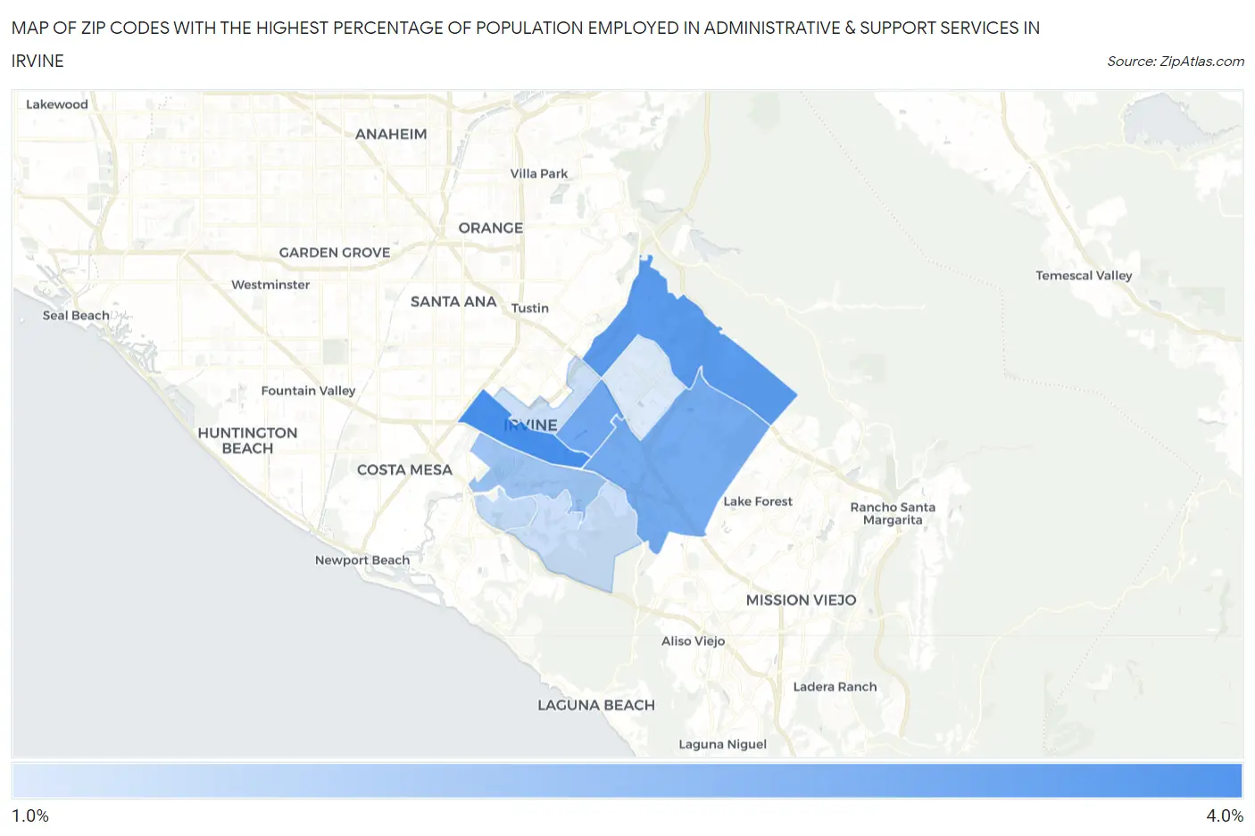 Zip Codes with the Highest Percentage of Population Employed in Administrative & Support Services in Irvine Map