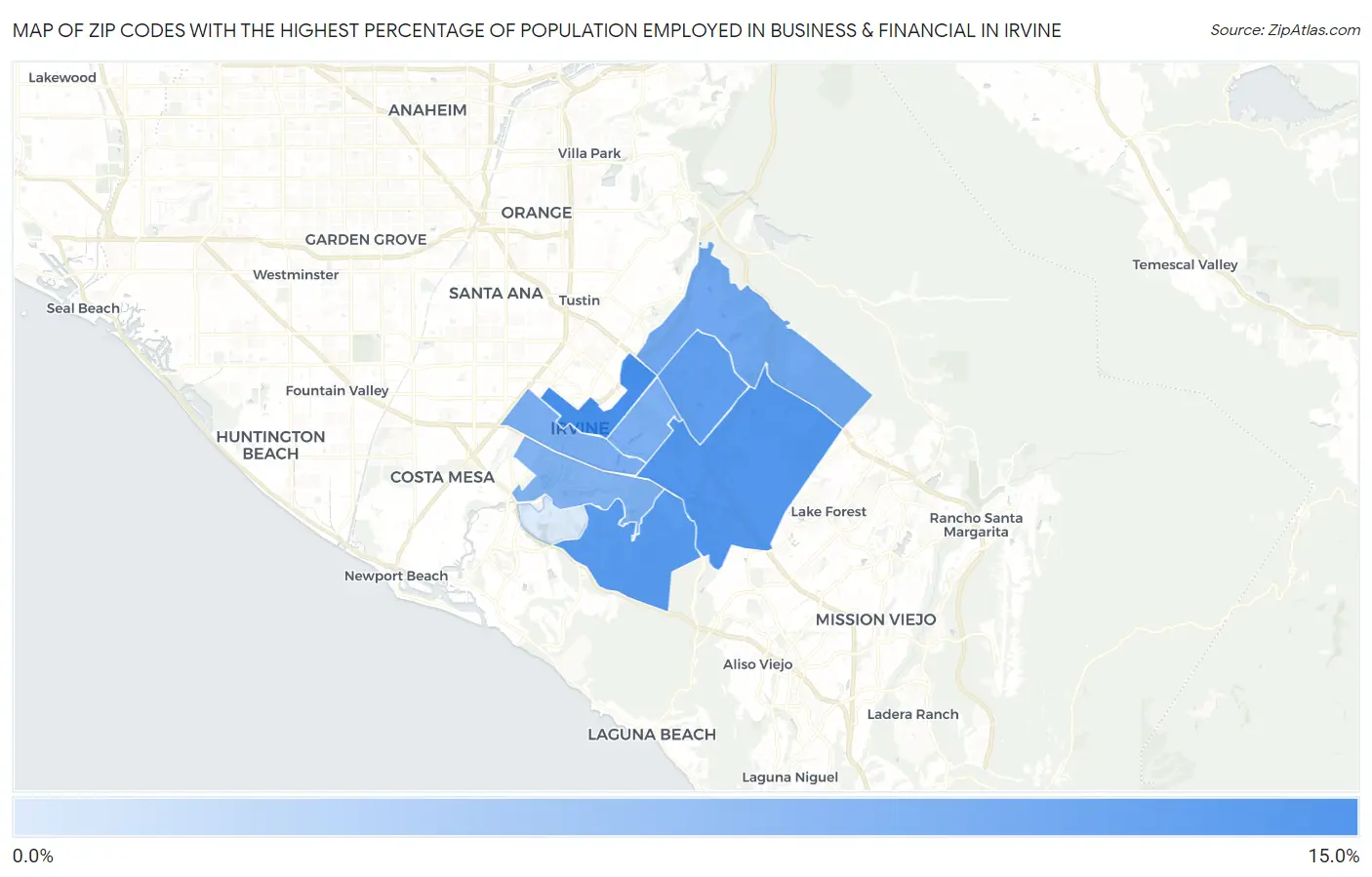 Zip Codes with the Highest Percentage of Population Employed in Business & Financial in Irvine Map