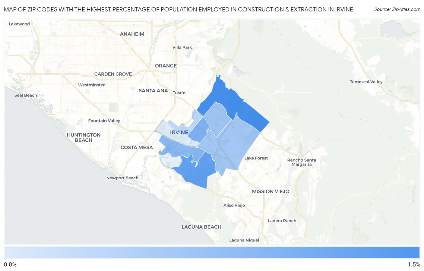 Zip Codes with the Highest Percentage of Population Employed in Construction & Extraction in Irvine Map