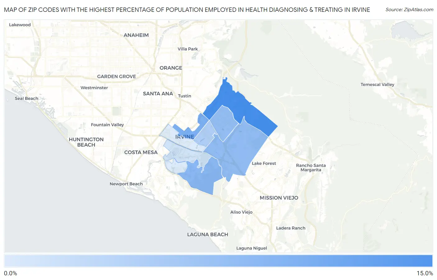 Zip Codes with the Highest Percentage of Population Employed in Health Diagnosing & Treating in Irvine Map
