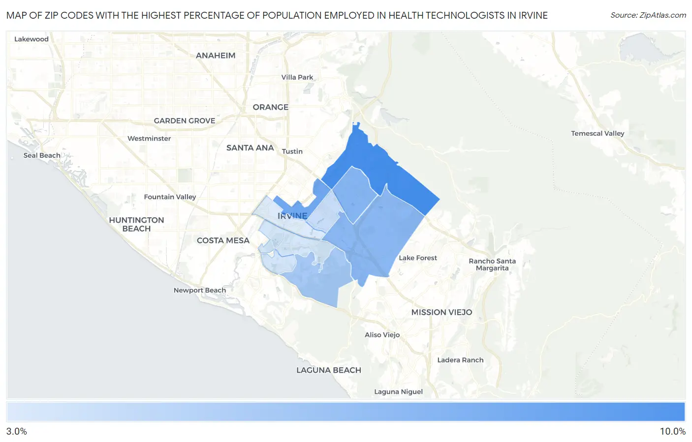 Zip Codes with the Highest Percentage of Population Employed in Health Technologists in Irvine Map