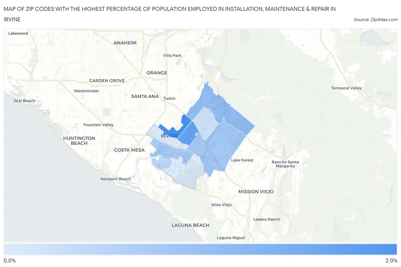 Zip Codes with the Highest Percentage of Population Employed in Installation, Maintenance & Repair in Irvine Map