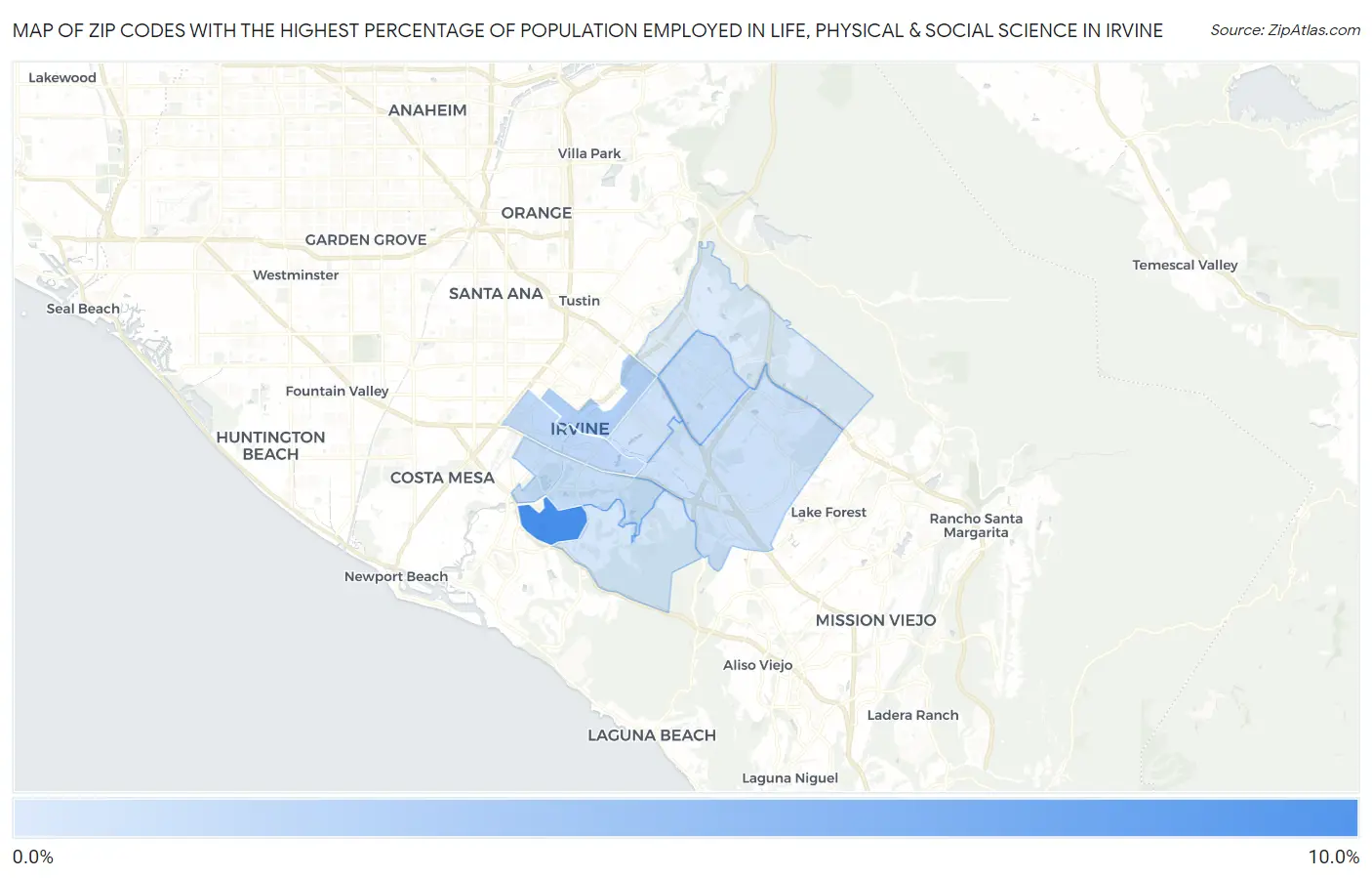Zip Codes with the Highest Percentage of Population Employed in Life, Physical & Social Science in Irvine Map