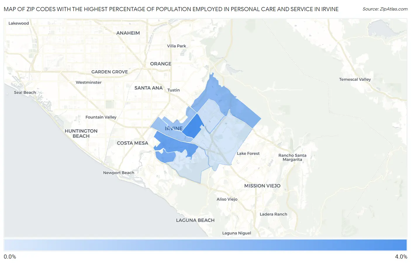 Zip Codes with the Highest Percentage of Population Employed in Personal Care and Service in Irvine Map