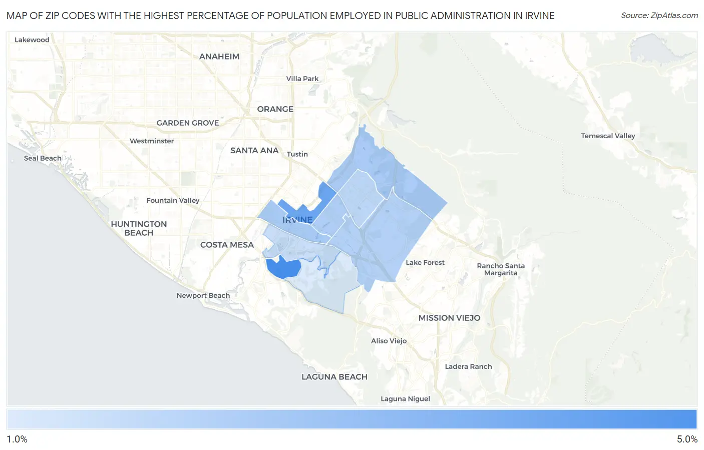 Zip Codes with the Highest Percentage of Population Employed in Public Administration in Irvine Map