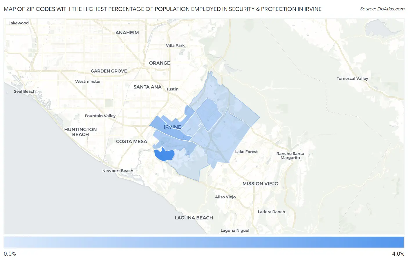 Zip Codes with the Highest Percentage of Population Employed in Security & Protection in Irvine Map