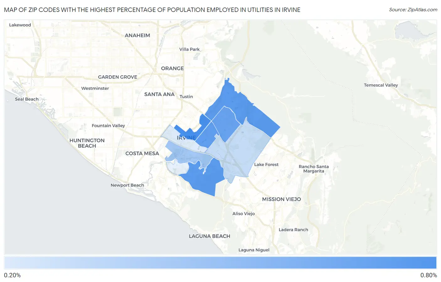 Zip Codes with the Highest Percentage of Population Employed in Utilities in Irvine Map
