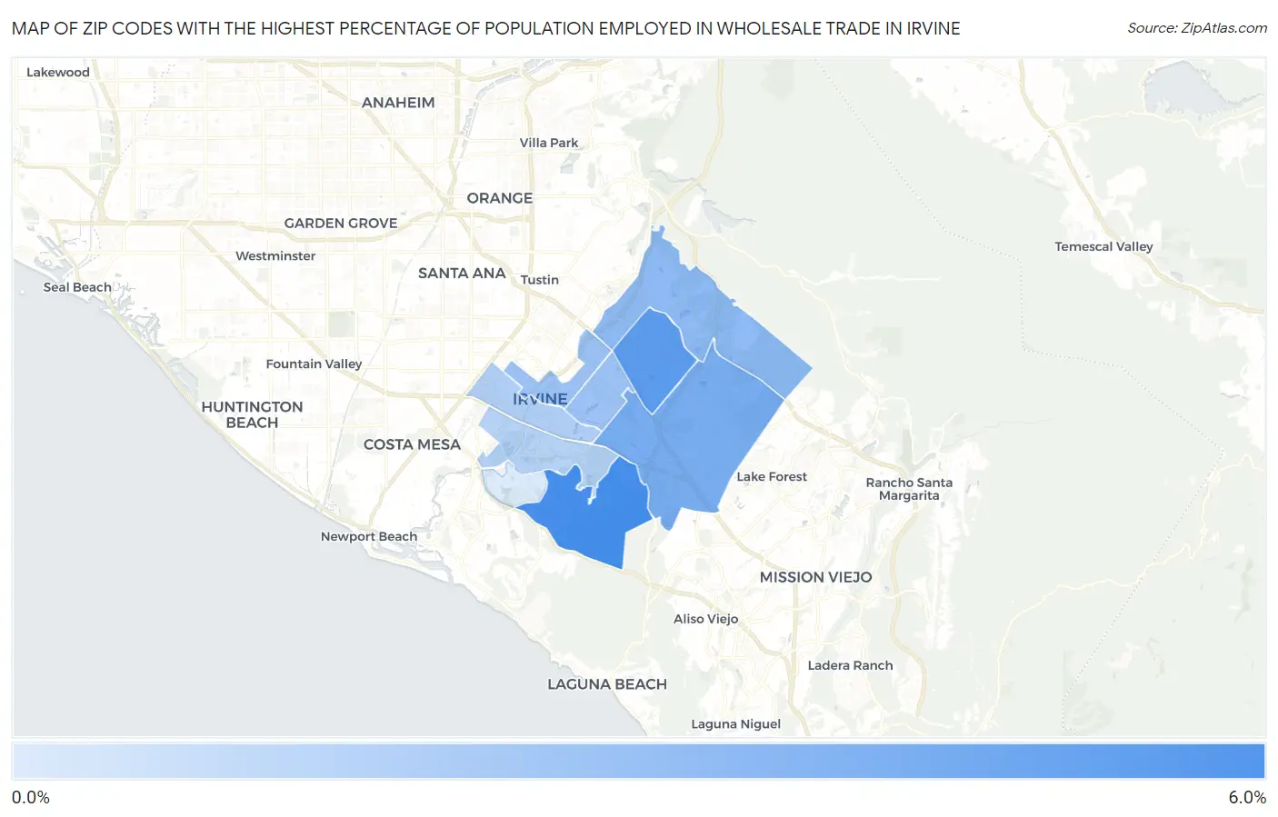 Zip Codes with the Highest Percentage of Population Employed in Wholesale Trade in Irvine Map