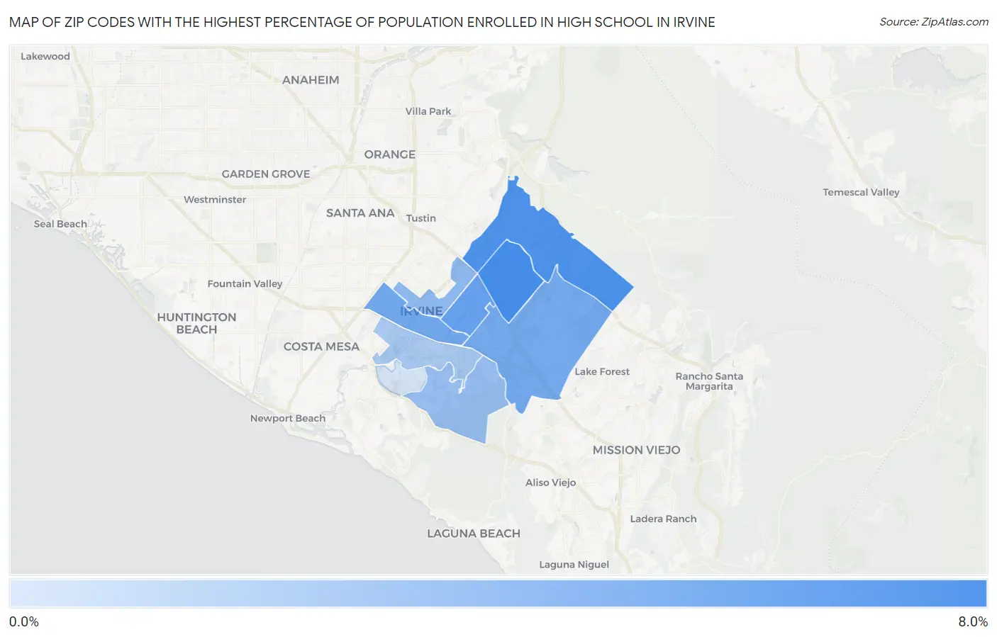 Zip Codes with the Highest Percentage of Population Enrolled in High School in Irvine Map