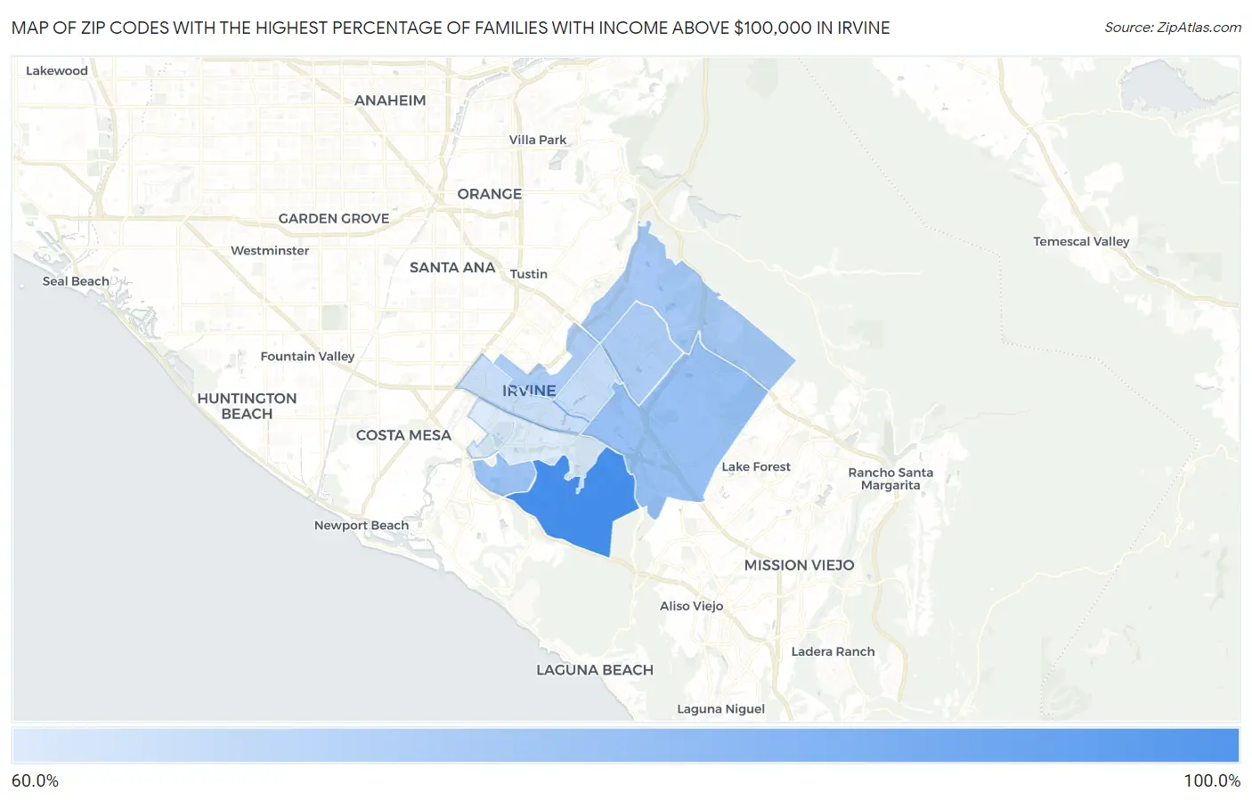 Zip Codes with the Highest Percentage of Families with Income Above $100,000 in Irvine Map