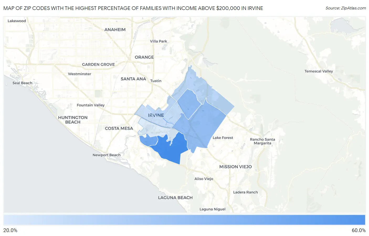 Zip Codes with the Highest Percentage of Families with Income Above $200,000 in Irvine Map