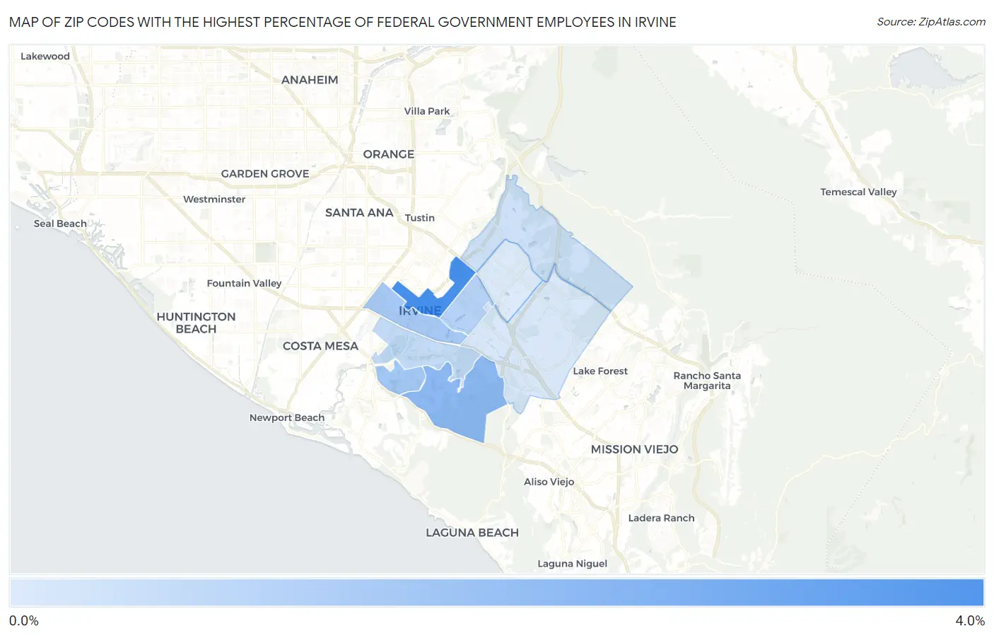 Zip Codes with the Highest Percentage of Federal Government Employees in Irvine Map