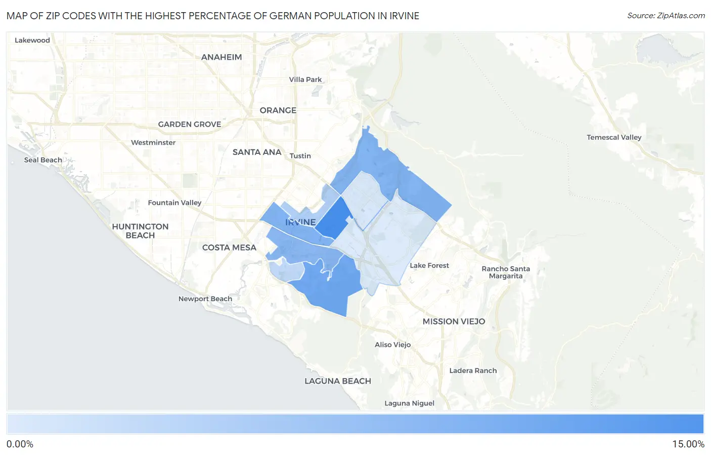 Zip Codes with the Highest Percentage of German Population in Irvine Map