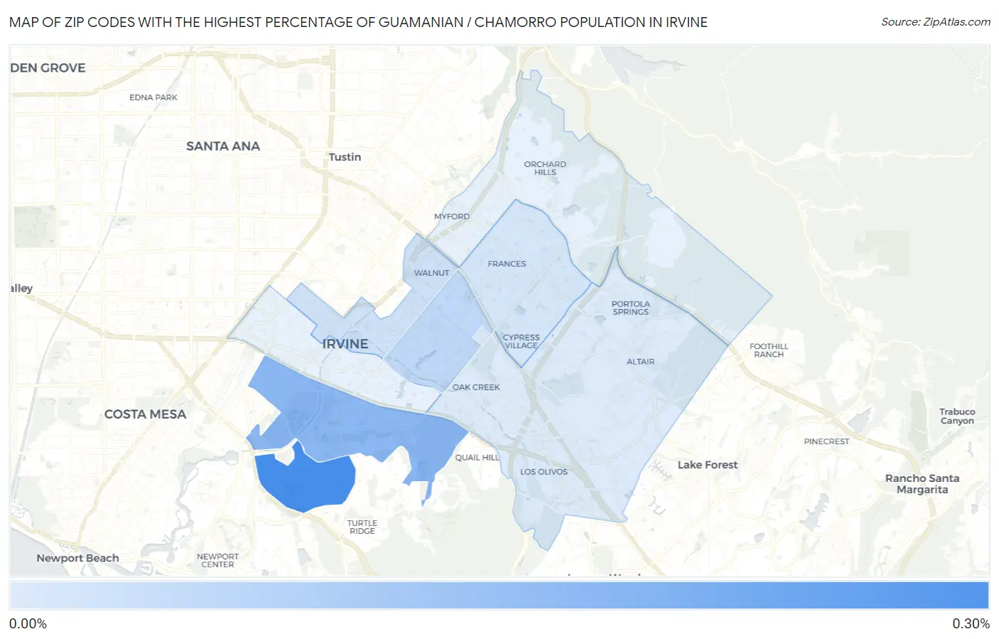 Zip Codes with the Highest Percentage of Guamanian / Chamorro Population in Irvine Map