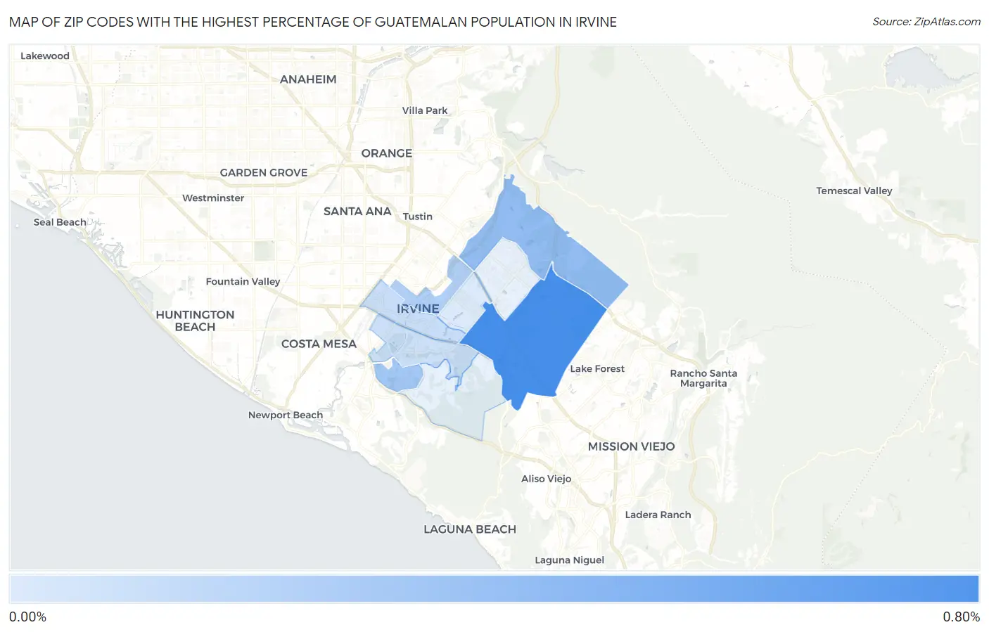 Zip Codes with the Highest Percentage of Guatemalan Population in Irvine Map