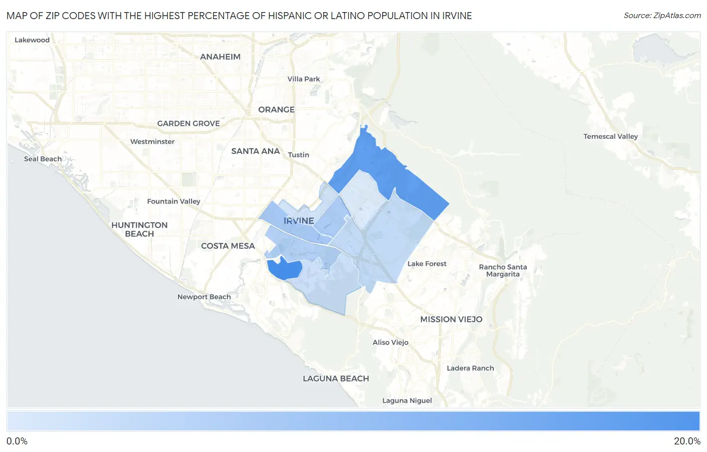 Zip Codes with the Highest Percentage of Hispanic or Latino Population in Irvine Map