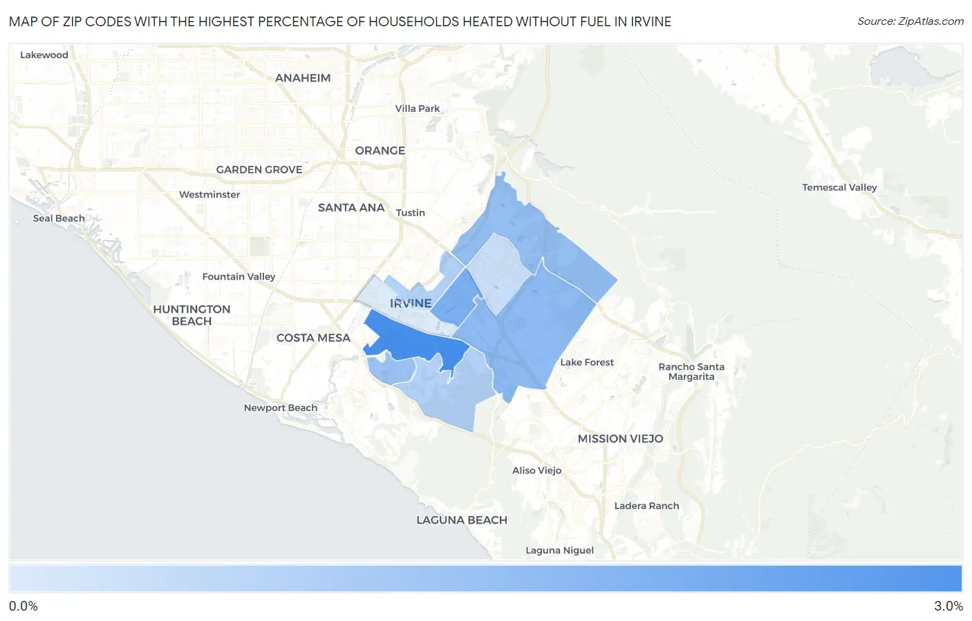 Zip Codes with the Highest Percentage of Households Heated without Fuel in Irvine Map