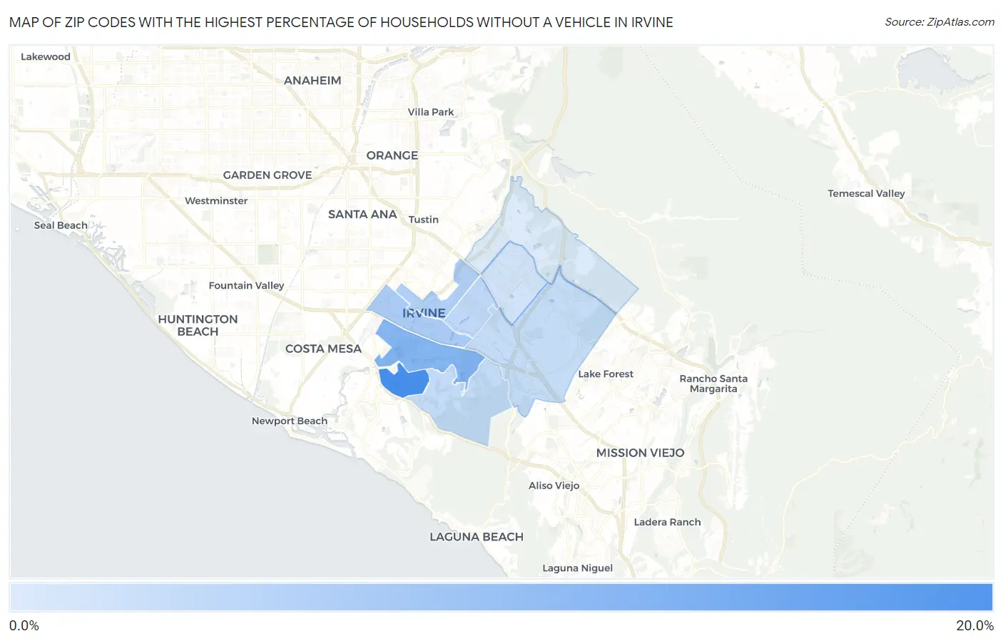 Zip Codes with the Highest Percentage of Households Without a Vehicle in Irvine Map