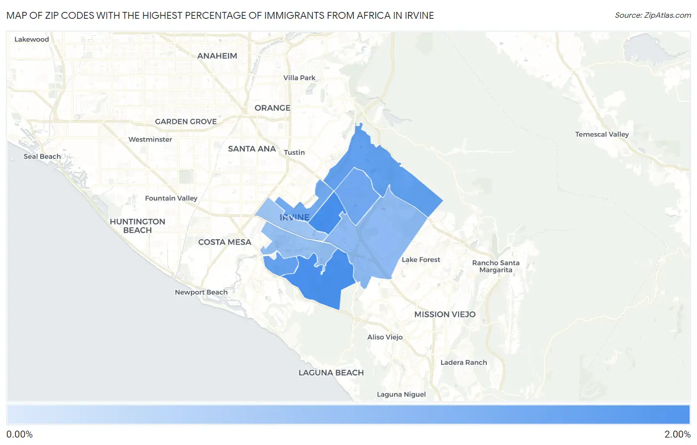 Zip Codes with the Highest Percentage of Immigrants from Africa in Irvine Map