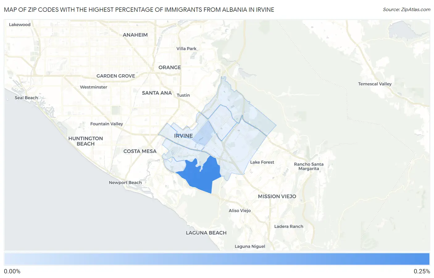 Zip Codes with the Highest Percentage of Immigrants from Albania in Irvine Map