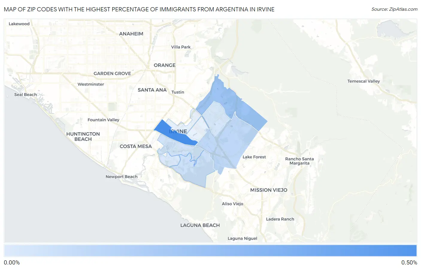 Zip Codes with the Highest Percentage of Immigrants from Argentina in Irvine Map