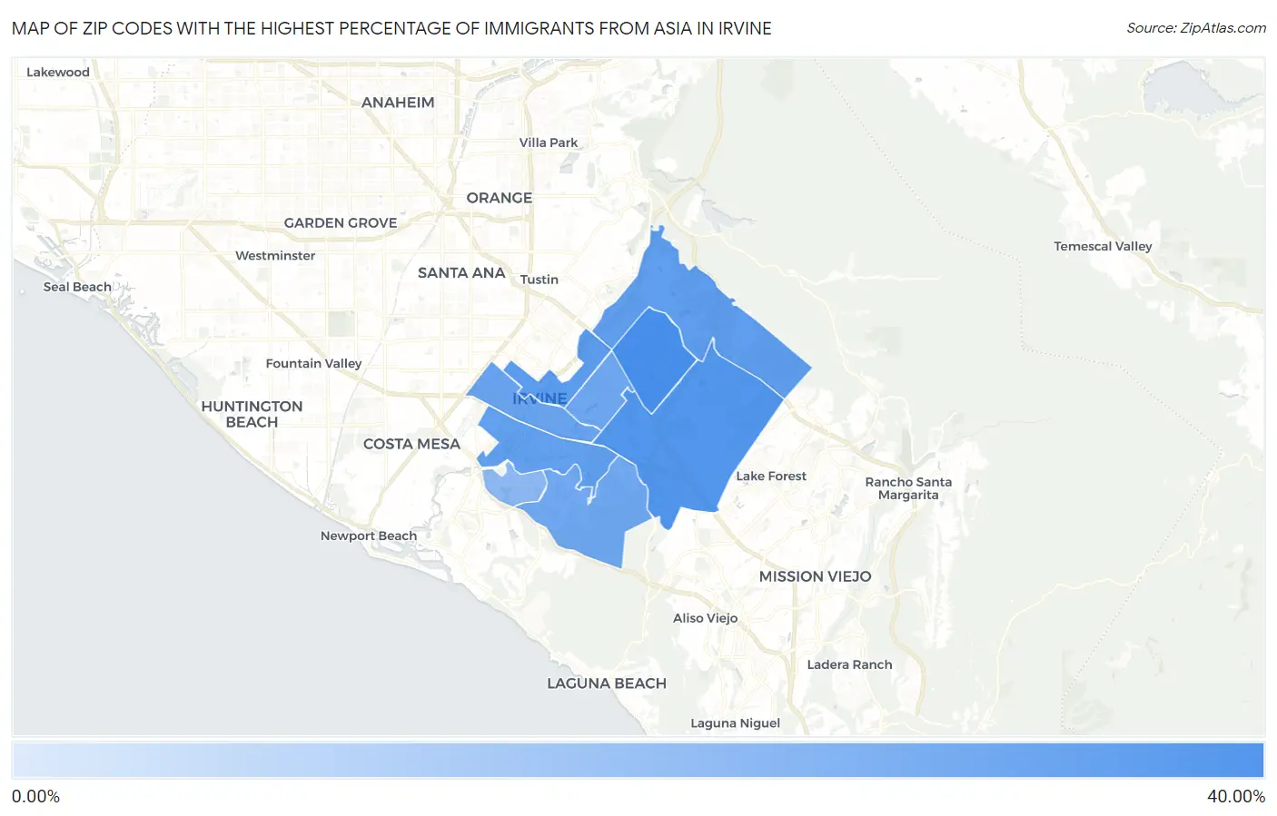Zip Codes with the Highest Percentage of Immigrants from Asia in Irvine Map