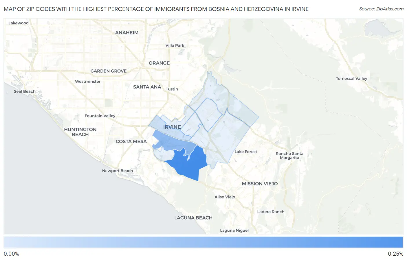 Zip Codes with the Highest Percentage of Immigrants from Bosnia and Herzegovina in Irvine Map