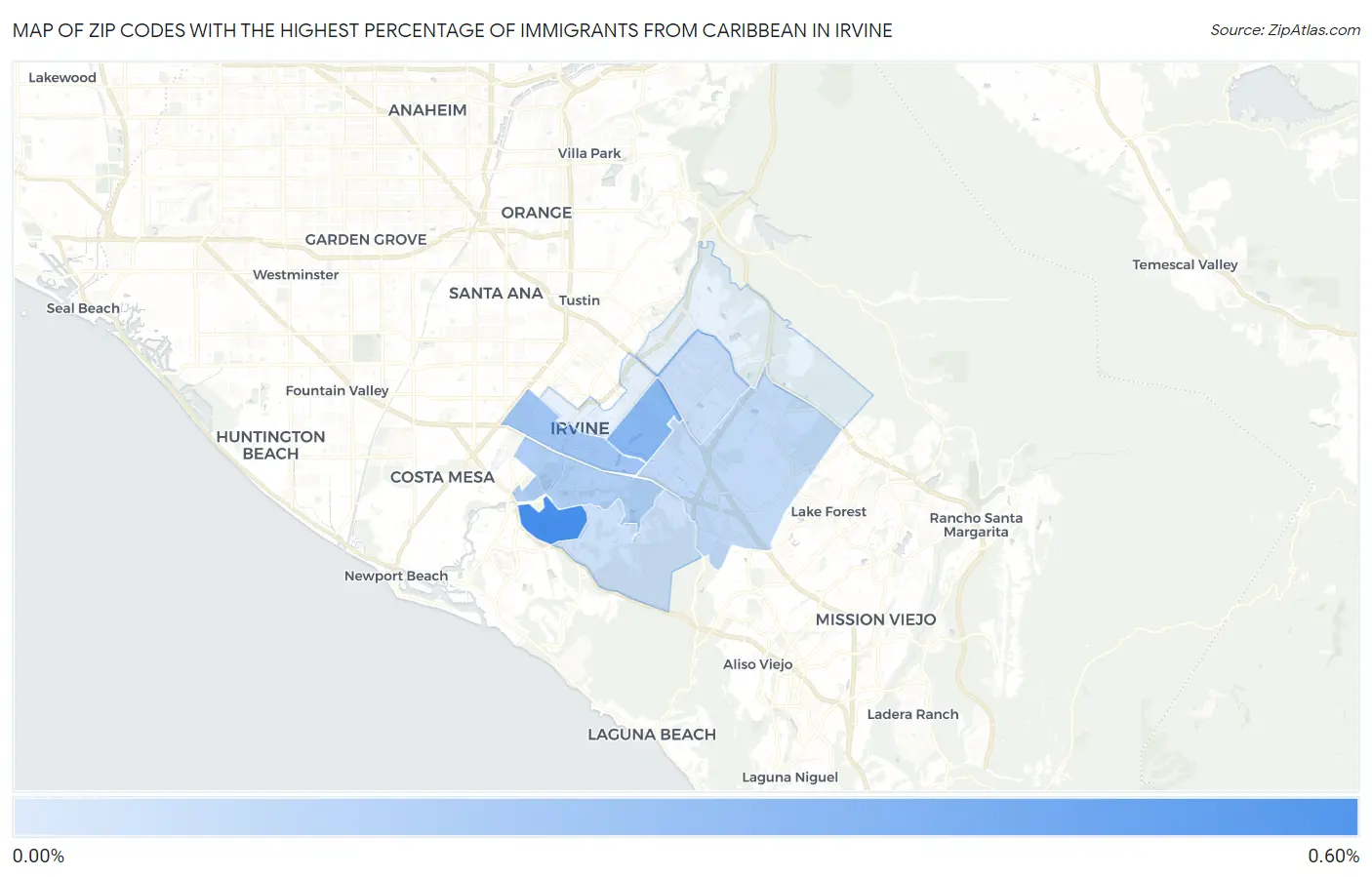 Zip Codes with the Highest Percentage of Immigrants from Caribbean in Irvine Map