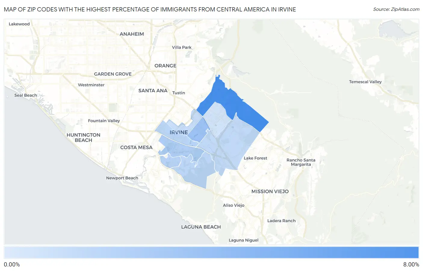 Zip Codes with the Highest Percentage of Immigrants from Central America in Irvine Map