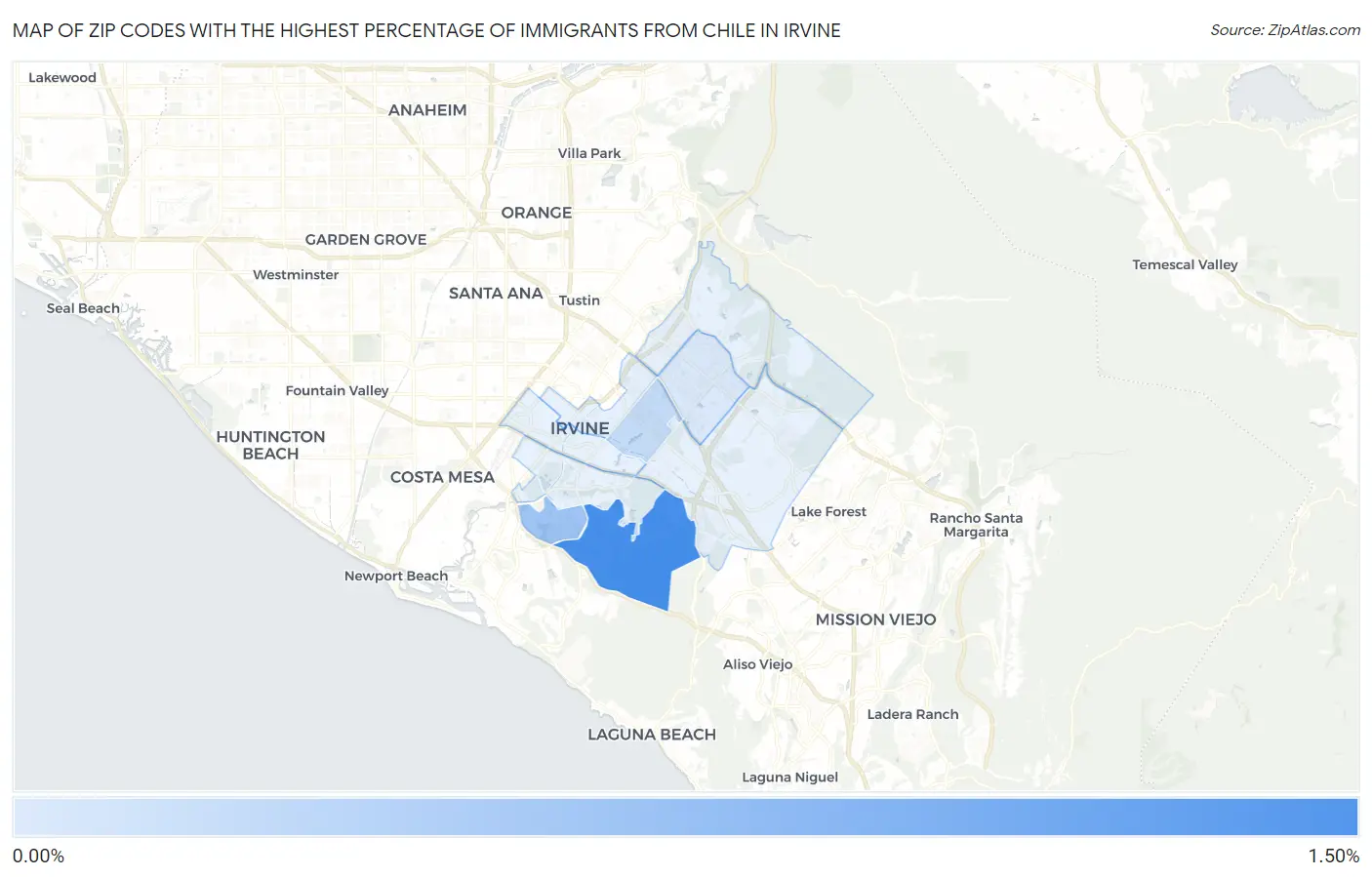 Zip Codes with the Highest Percentage of Immigrants from Chile in Irvine Map