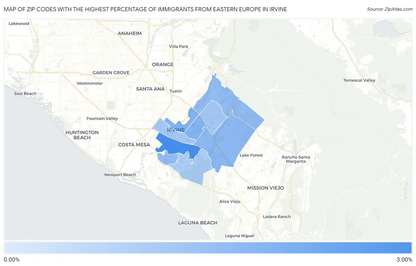 Zip Codes with the Highest Percentage of Immigrants from Eastern Europe in Irvine Map