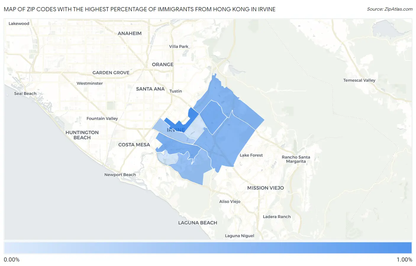 Zip Codes with the Highest Percentage of Immigrants from Hong Kong in Irvine Map