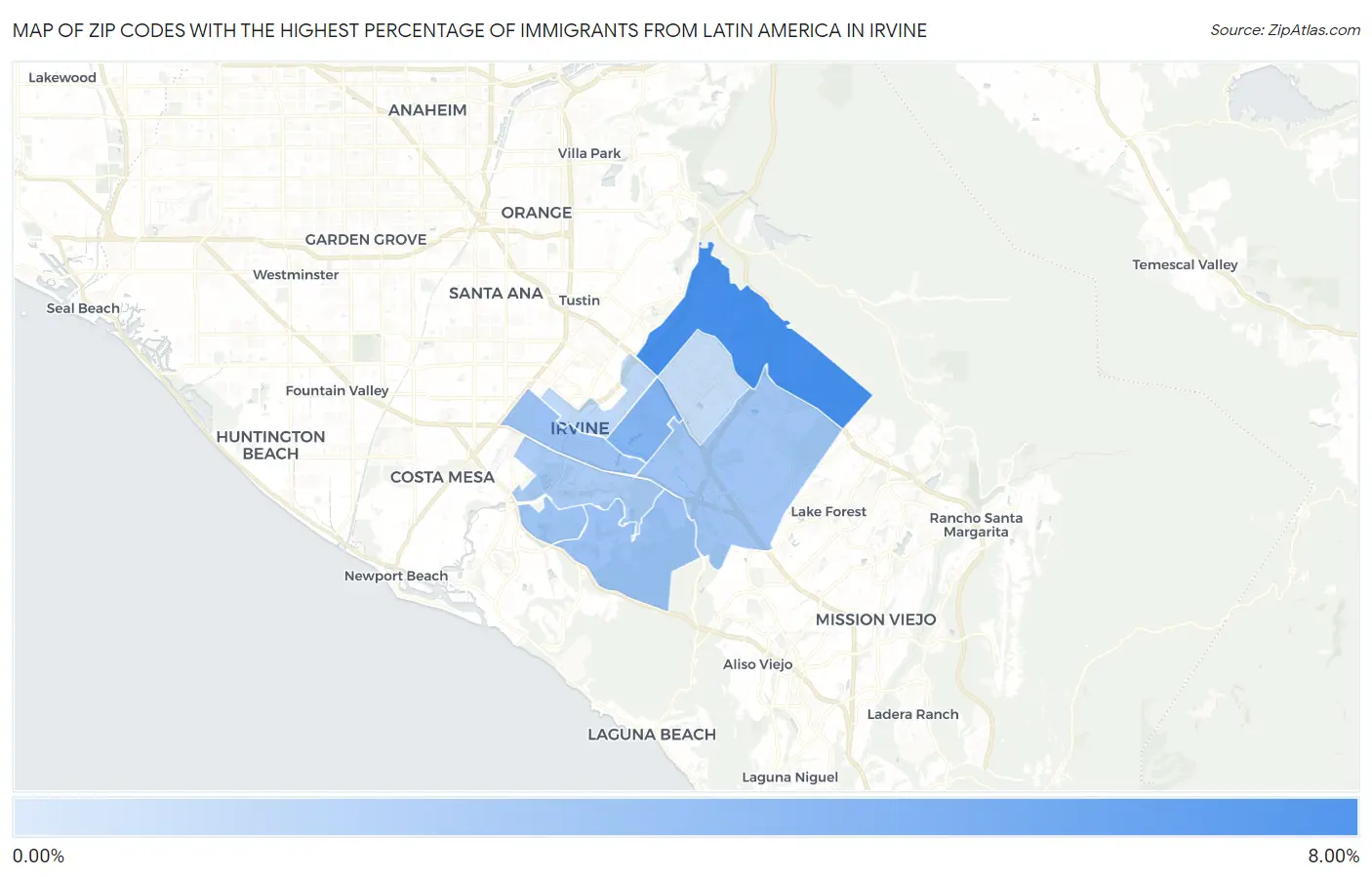 Zip Codes with the Highest Percentage of Immigrants from Latin America in Irvine Map