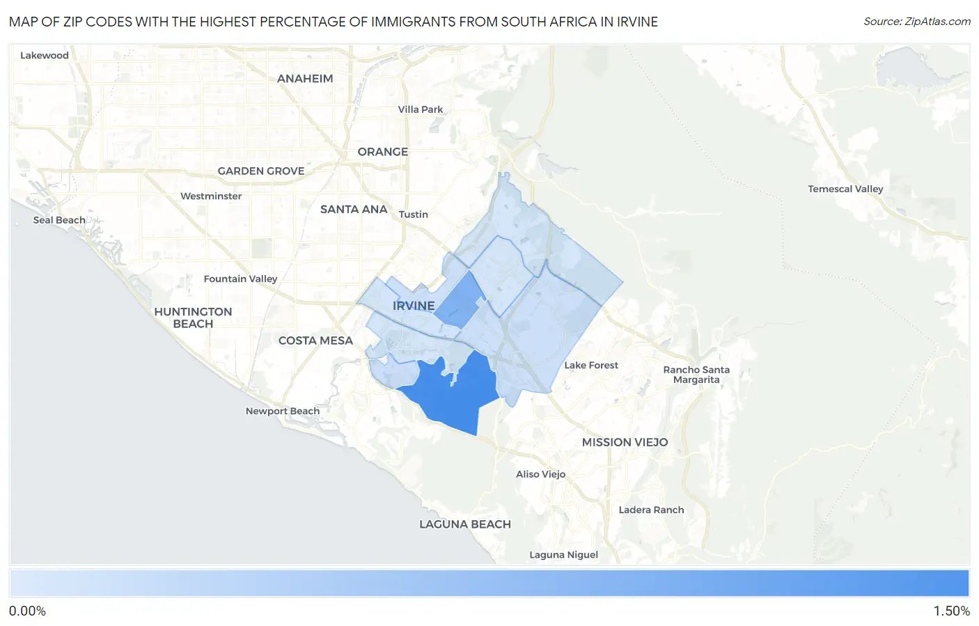 Zip Codes with the Highest Percentage of Immigrants from South Africa in Irvine Map