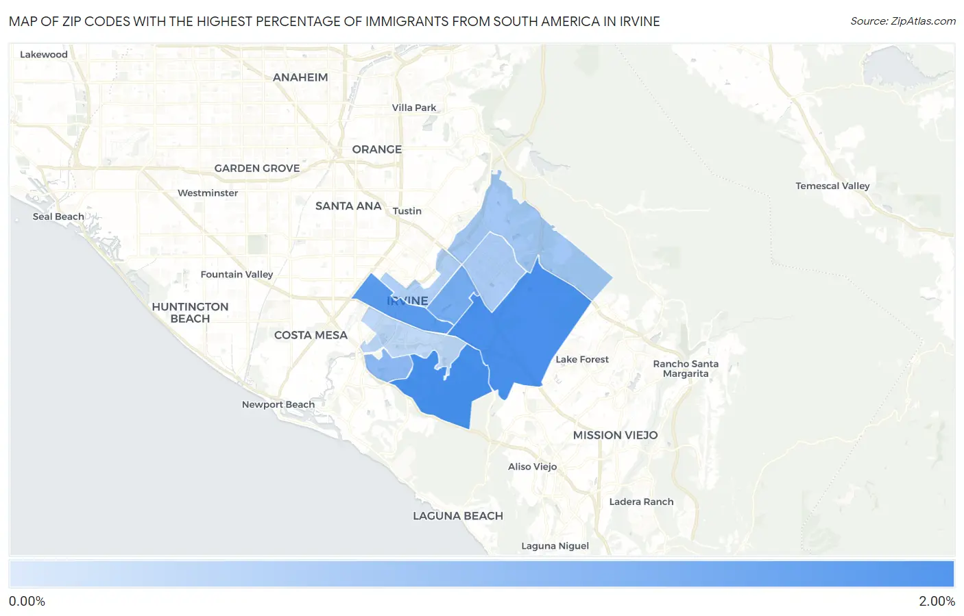 Zip Codes with the Highest Percentage of Immigrants from South America in Irvine Map